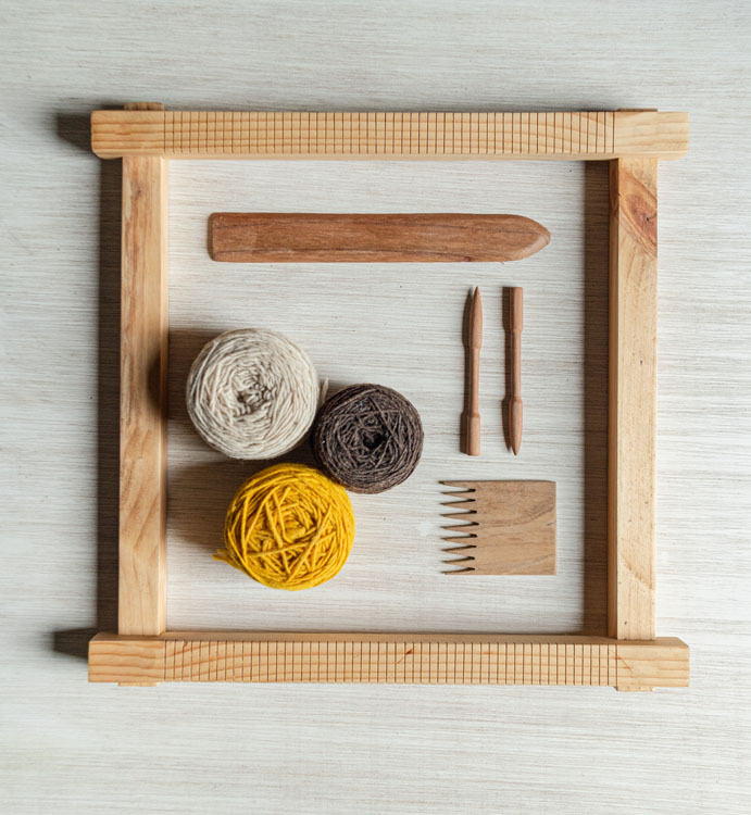kit de tejido para telar de madera artesanal agujas peine pala y lanas